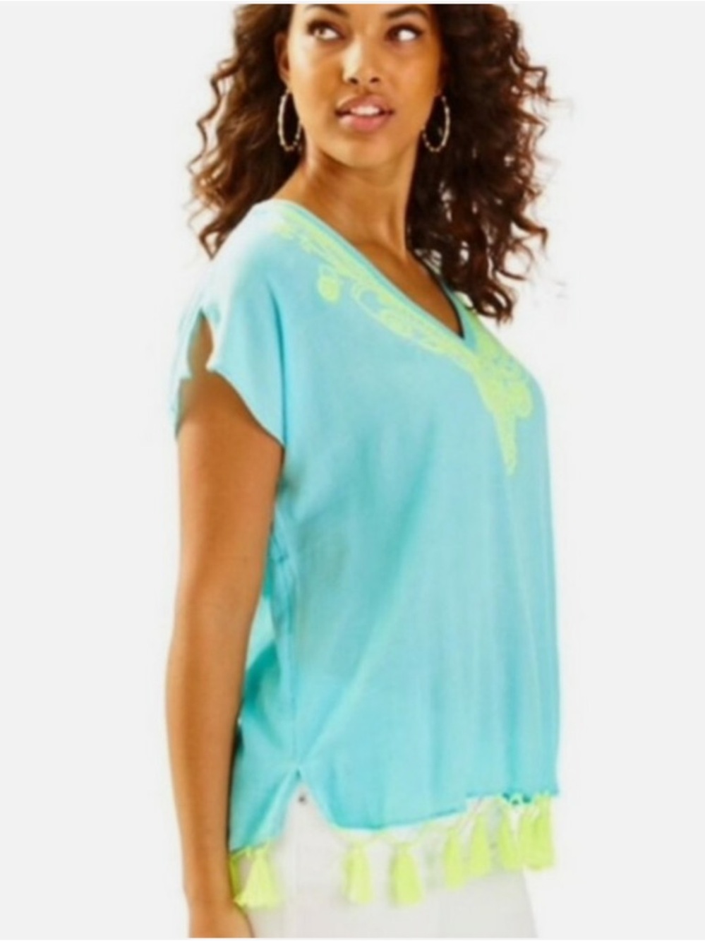 L/XL Lilly turquoise and neon green tassel short tunic top
